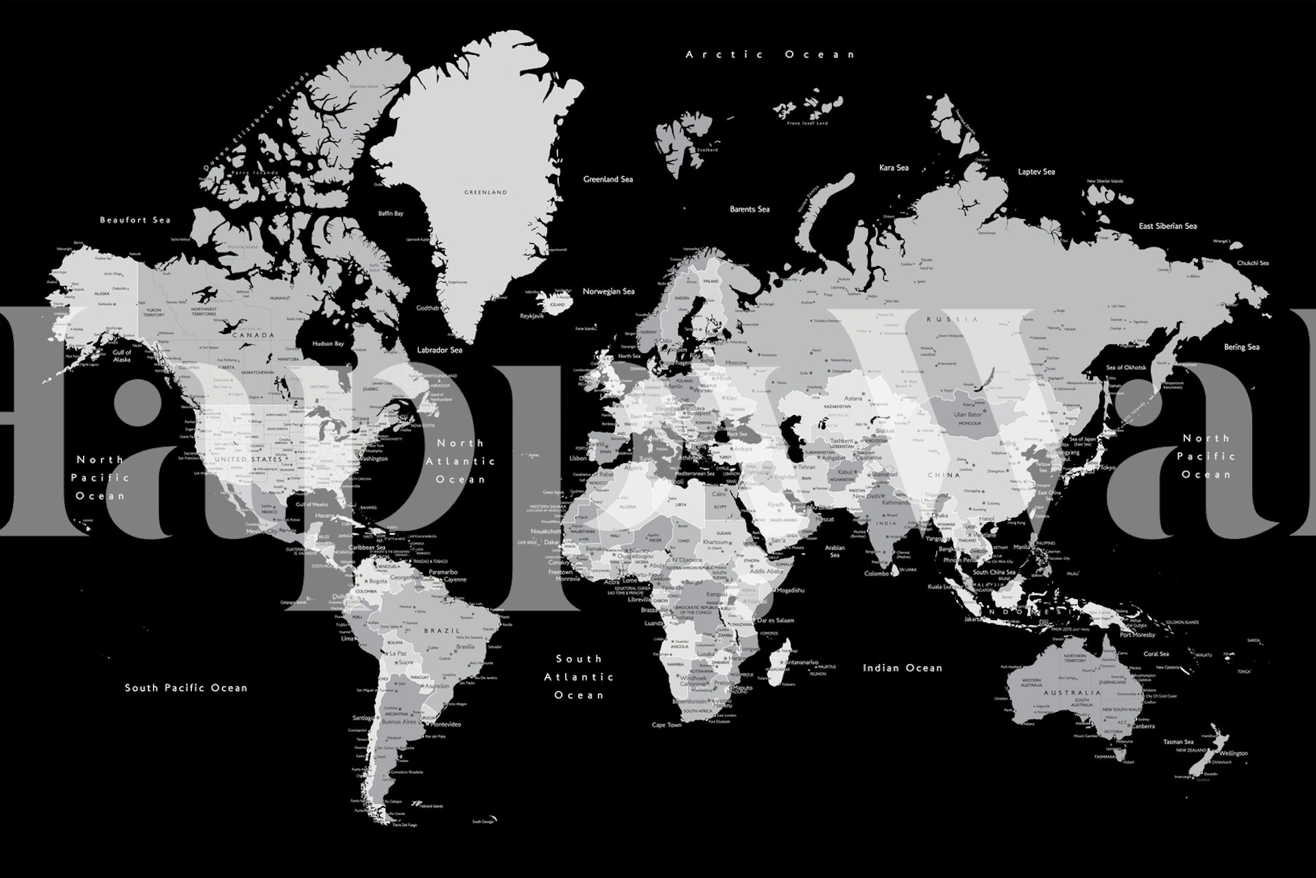 Carta da parati con mappa del mondo in bianco e nero con nomi di città