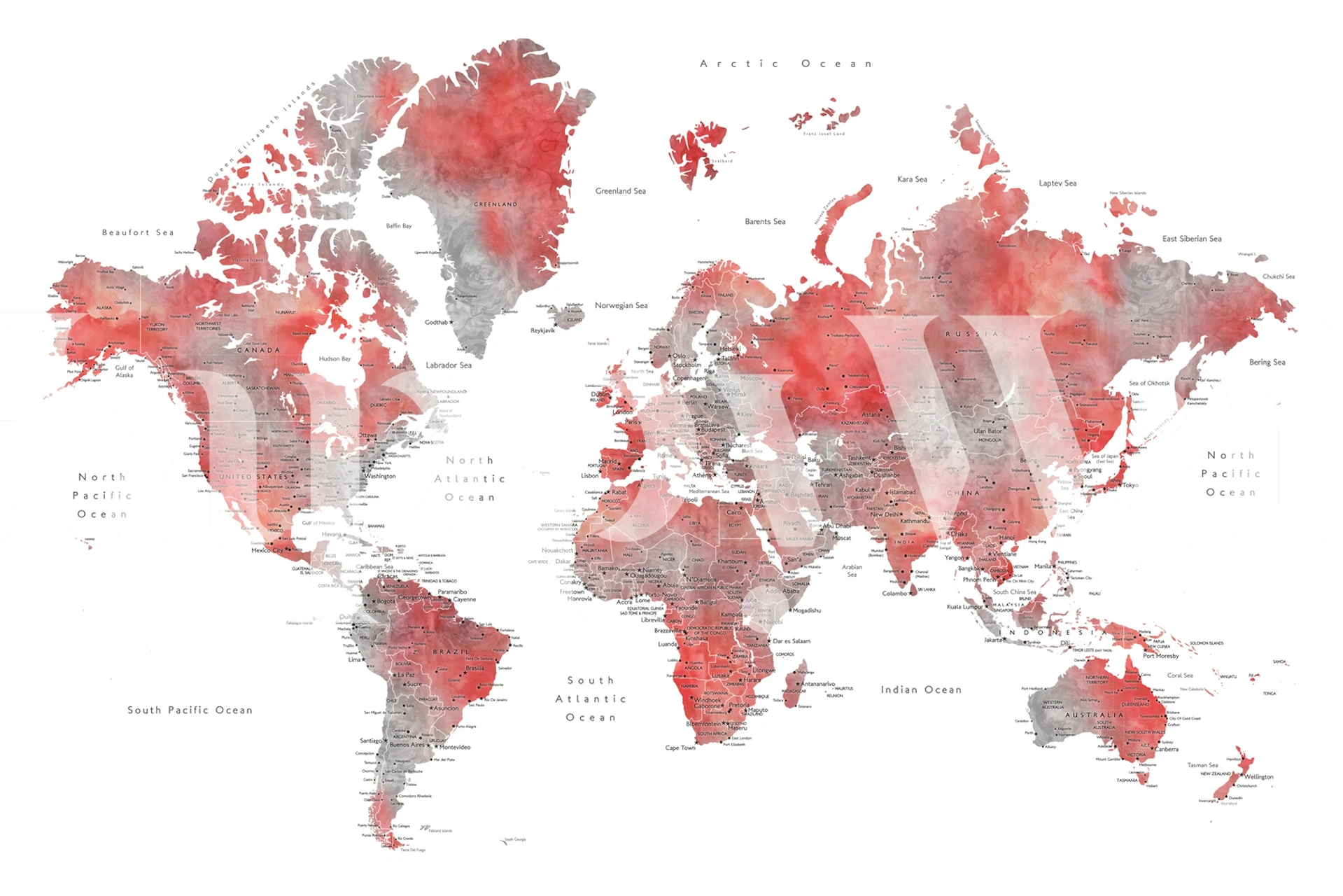 World map with cities in red watercolor style wallpaper