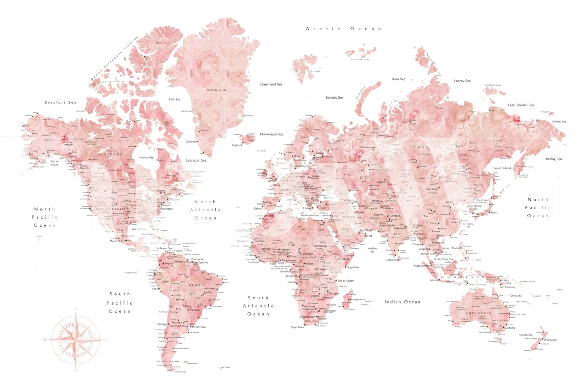 World map with cities in pink tones on white background wallpaper