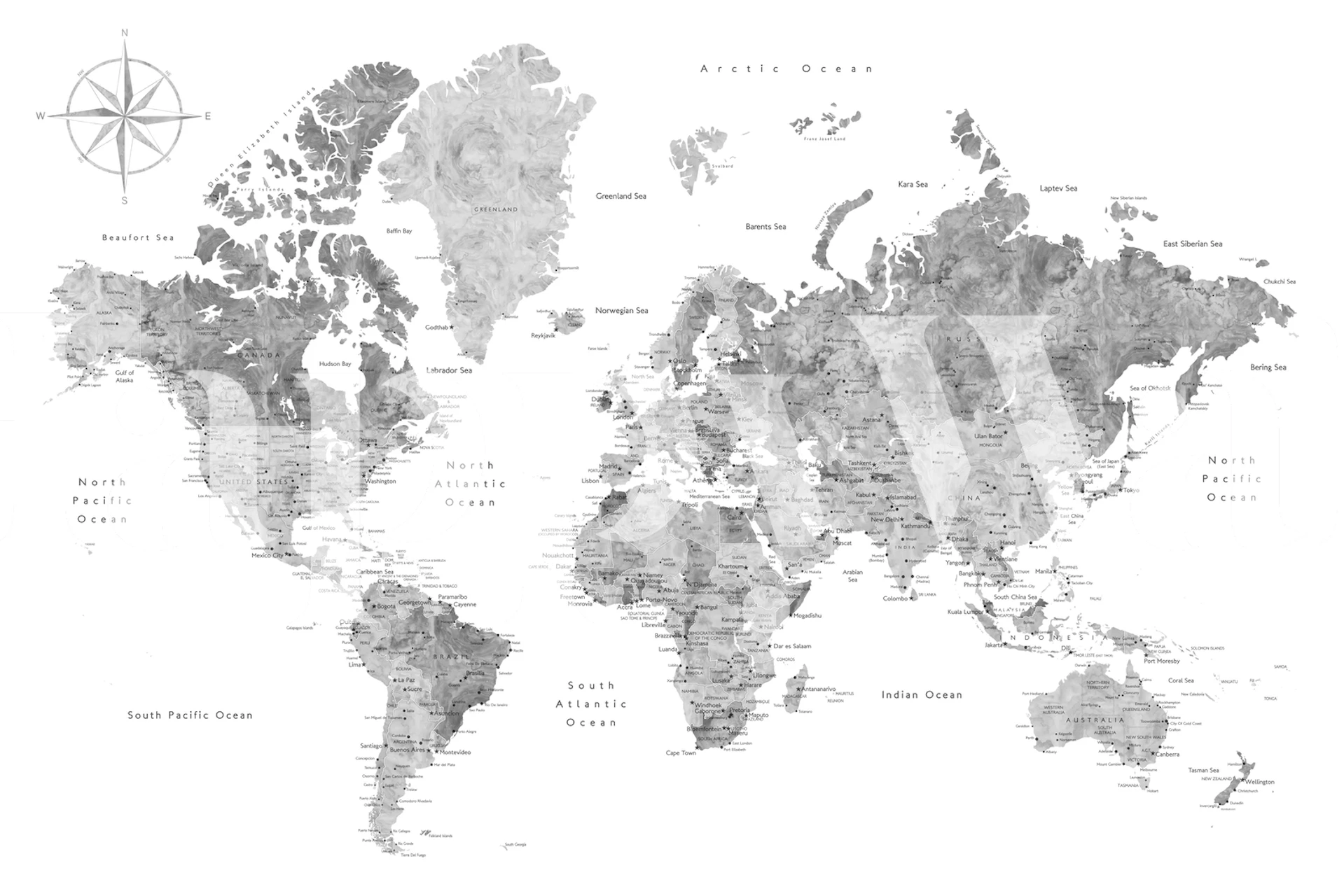 Rylan world map with cities on wall