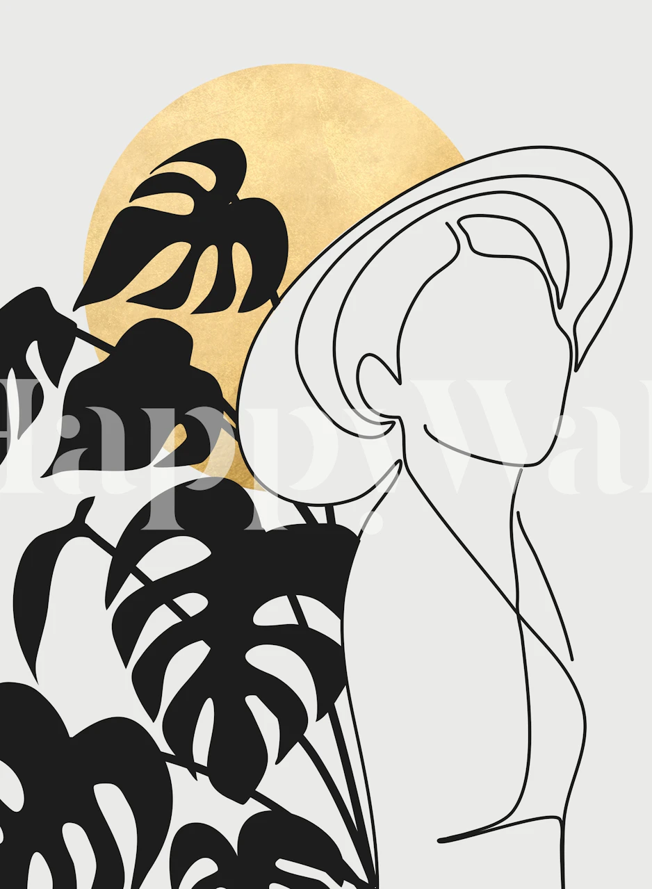 Monochrome silhouette wall mural with golden sun and foliage detail