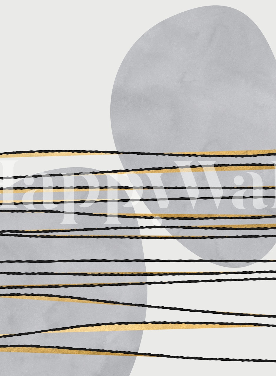 Gilded lines and shapes in gray wall mural with gold accents