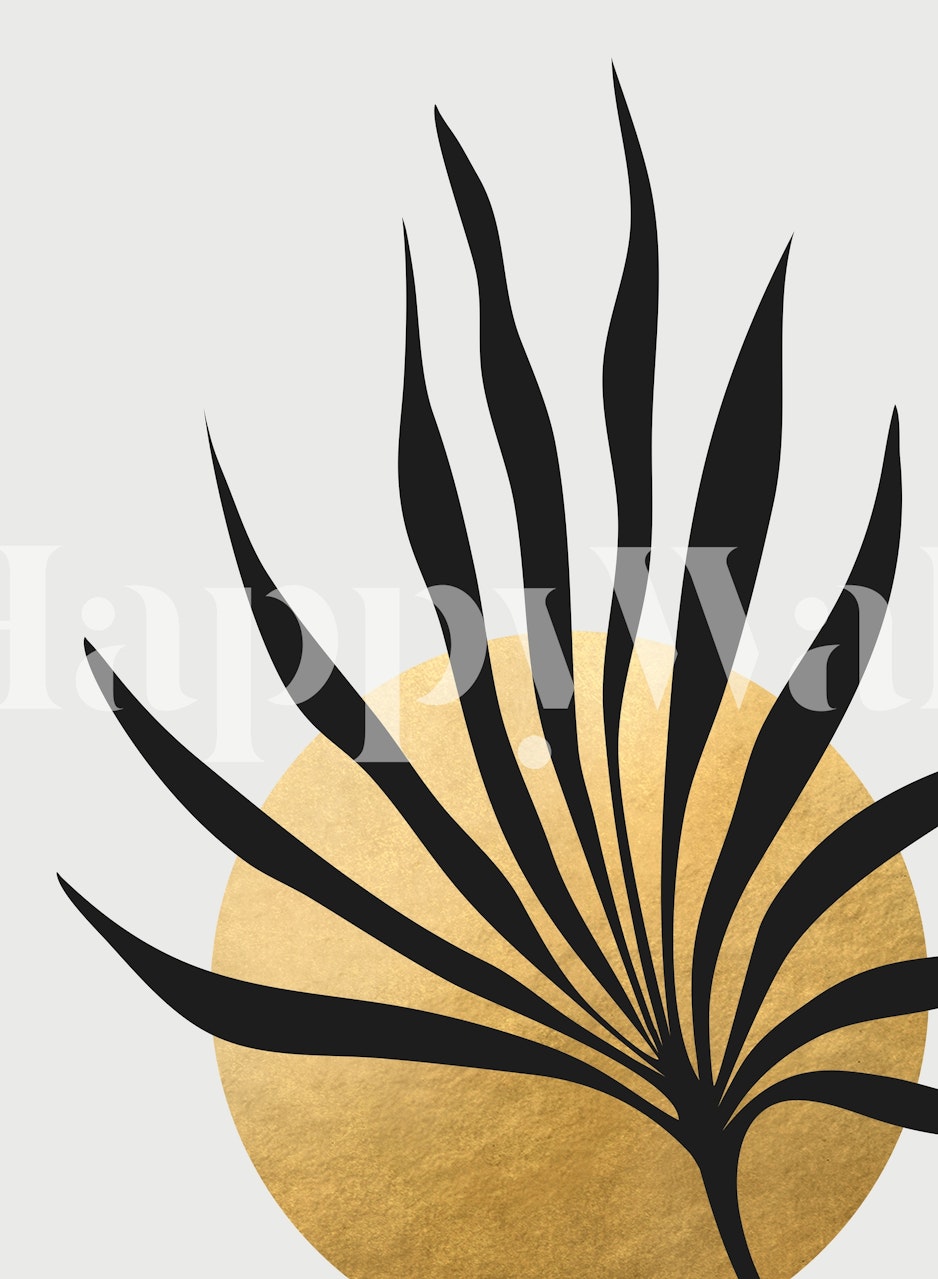 Black tropical palm leaf against a gold circle background wallpaper