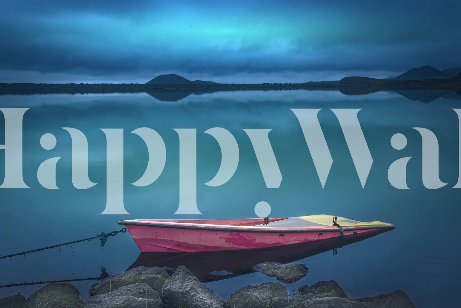 Kalm schemerig waterlandschap met een verankerde boot muurschildering Nightfall