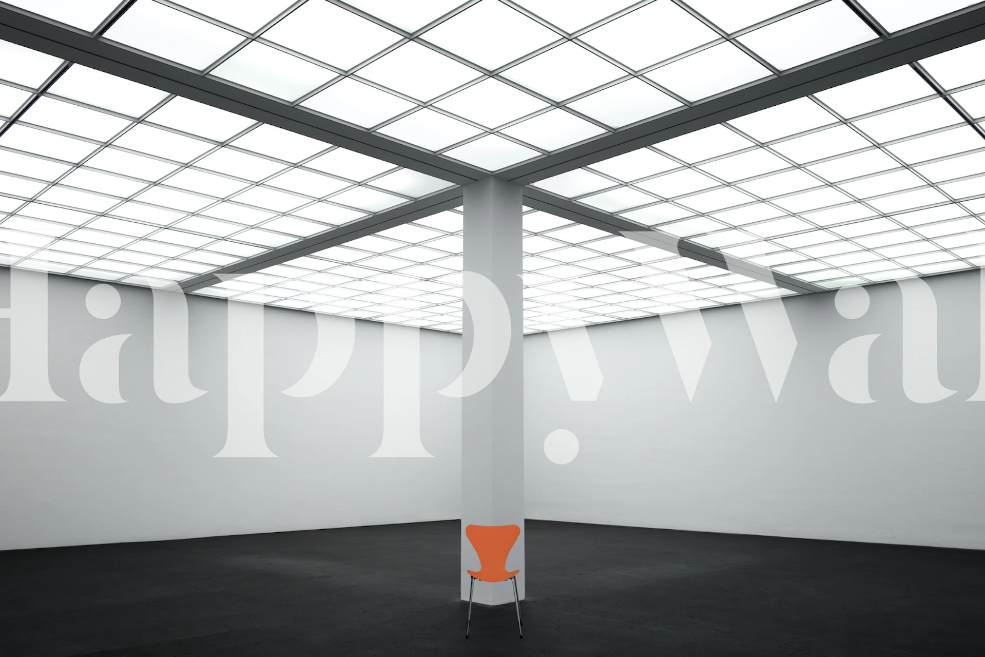 Minimalist wall mural with a single orange chair in a spacious room with a glass ceiling