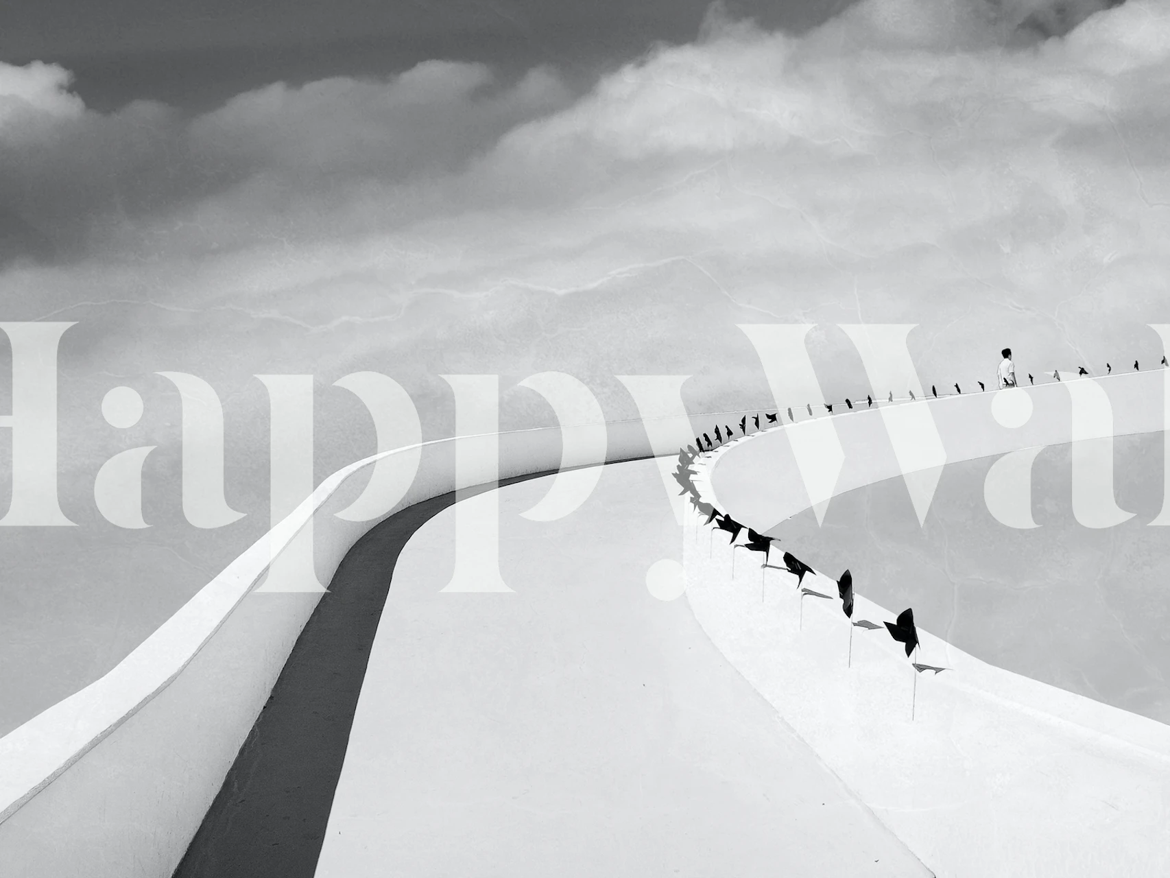 Monochromatyczna fototapeta z ludźmi na krętej drodze prowadzącej aż po horyzont