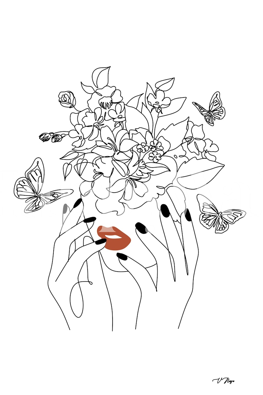 Minimalist line art of a woman's head adorned with flowers and butterflies wall mural