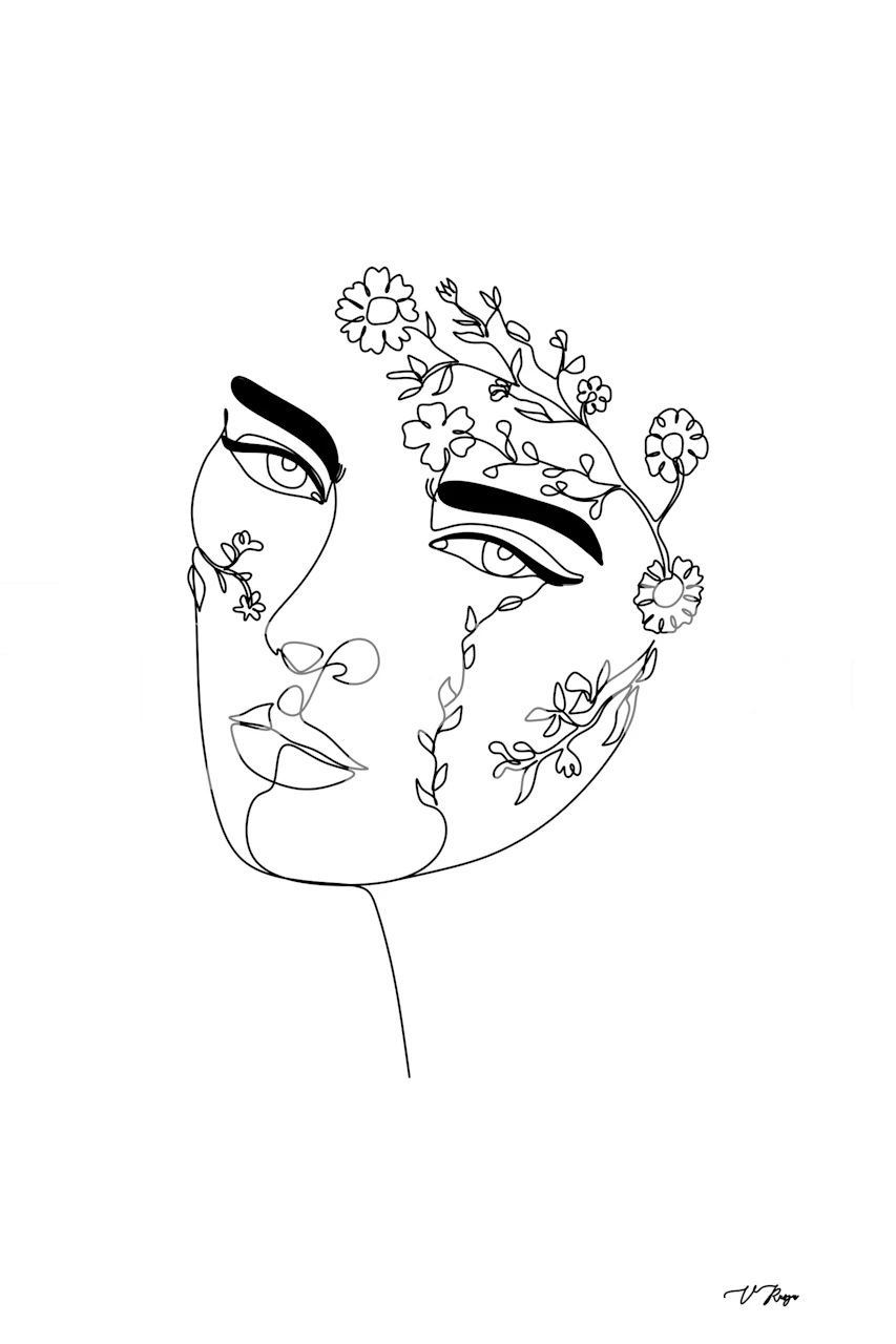 Line art -seinämaalaus, jossa kasvot on punottu kukkaelementeillä ja joka ilmentää luonnon inspiroimaa estetiikkaa.