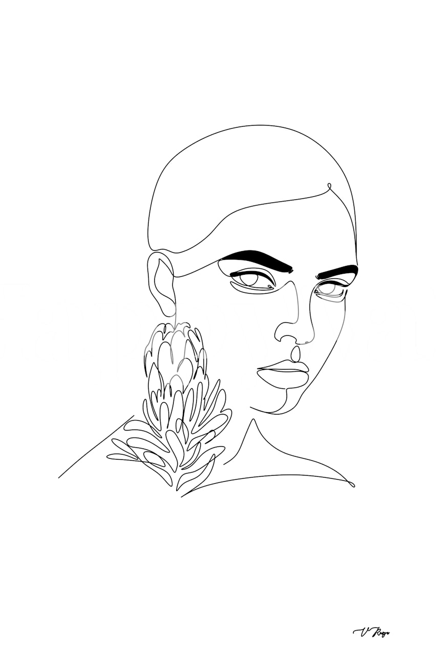 Protea Girl Line Art wallpaper in a room