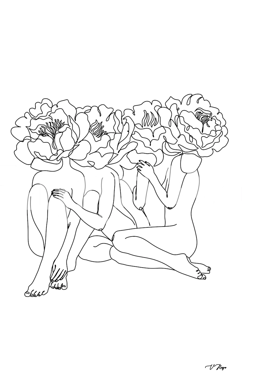 Line art of women with rose flowers, black and white wallpaper