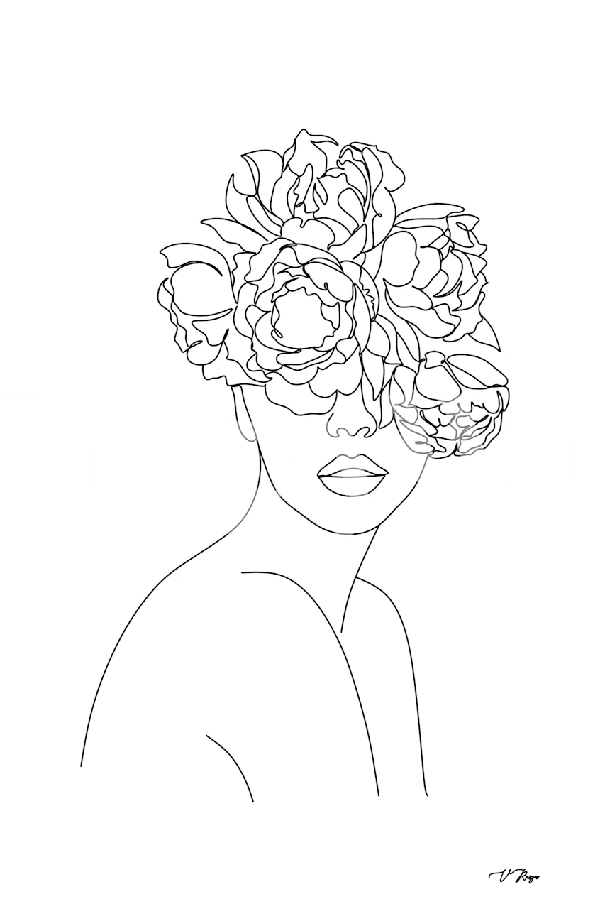 Line art of a woman with peony flowers on her head, black and white flower wallpaper