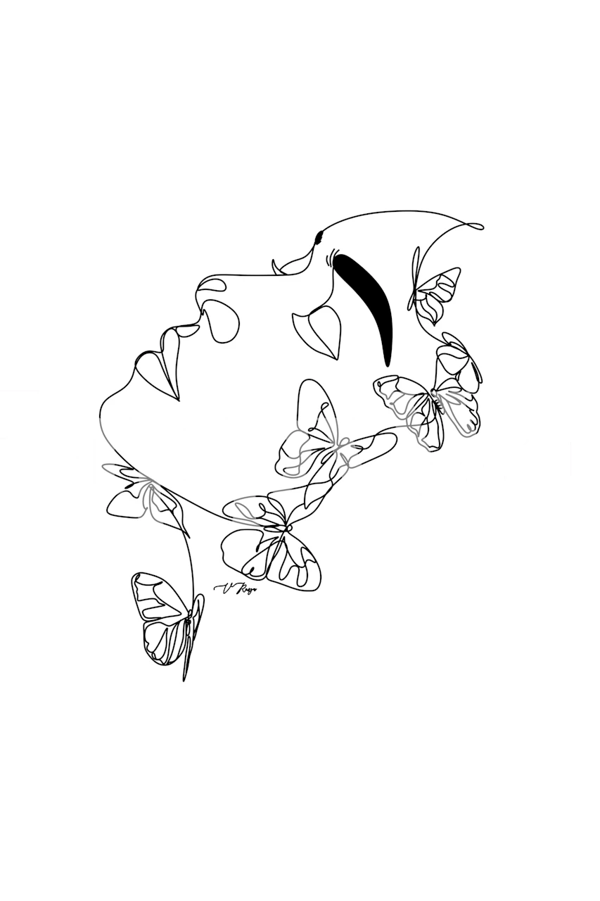 Line art wall mural featuring a silhouette of a face surrounded by butterflies