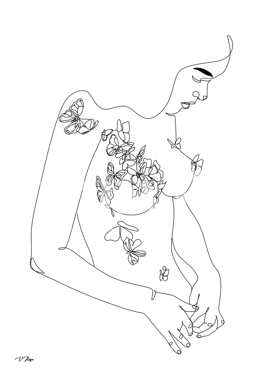 Minimalistische Strichzeichnung einer Frau mit Schmetterlingen, Wandbild