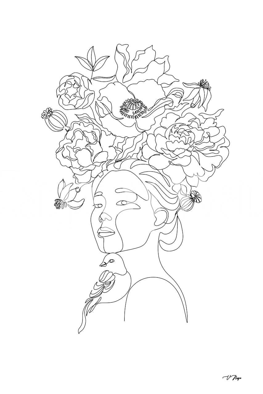 Line Art de uma Woman com flores e um pássaro
