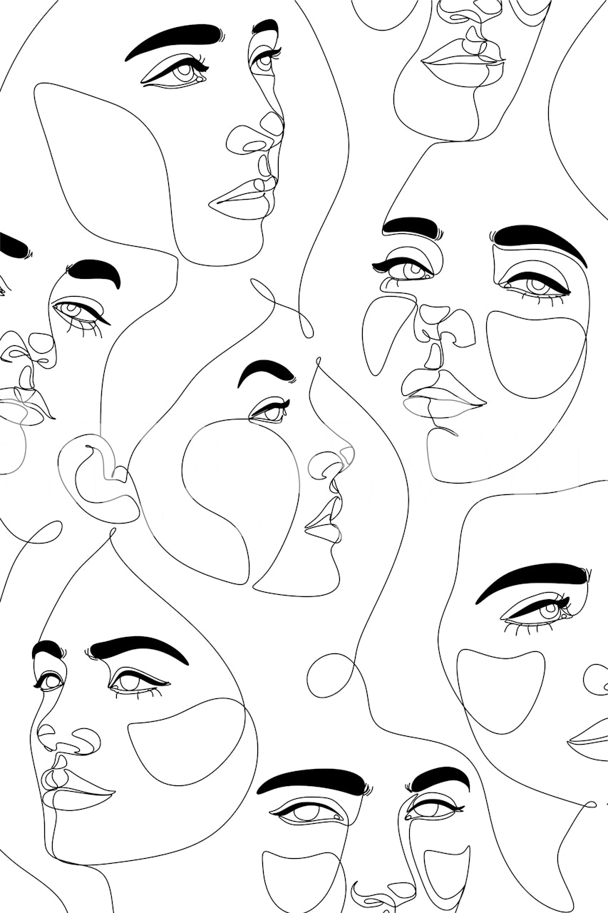 Line art faces in black and white wallpaper