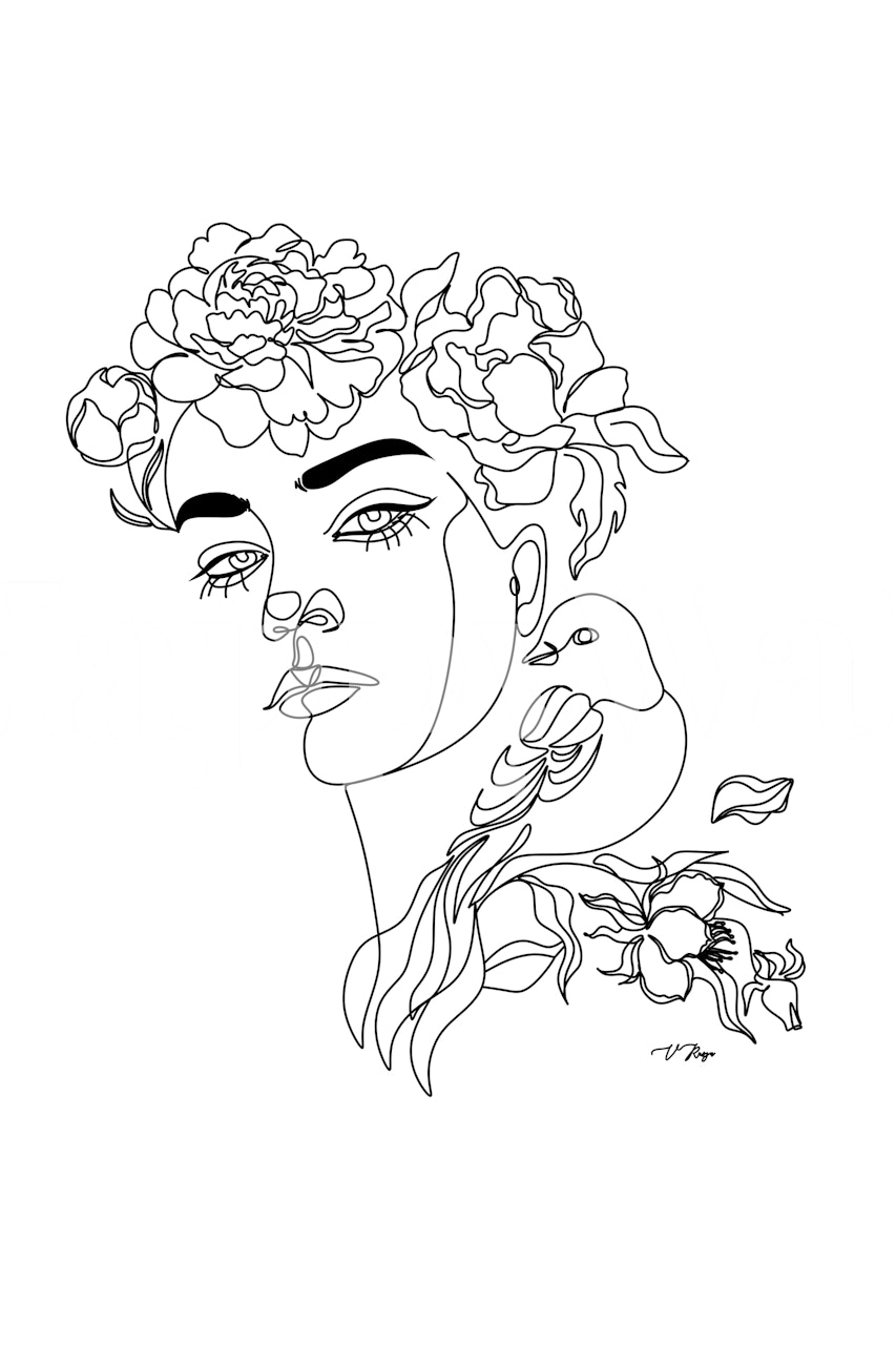 Minimalistisk strektegning av en kvinne med blomster og en fugl, Line Art Print Woman tapet.