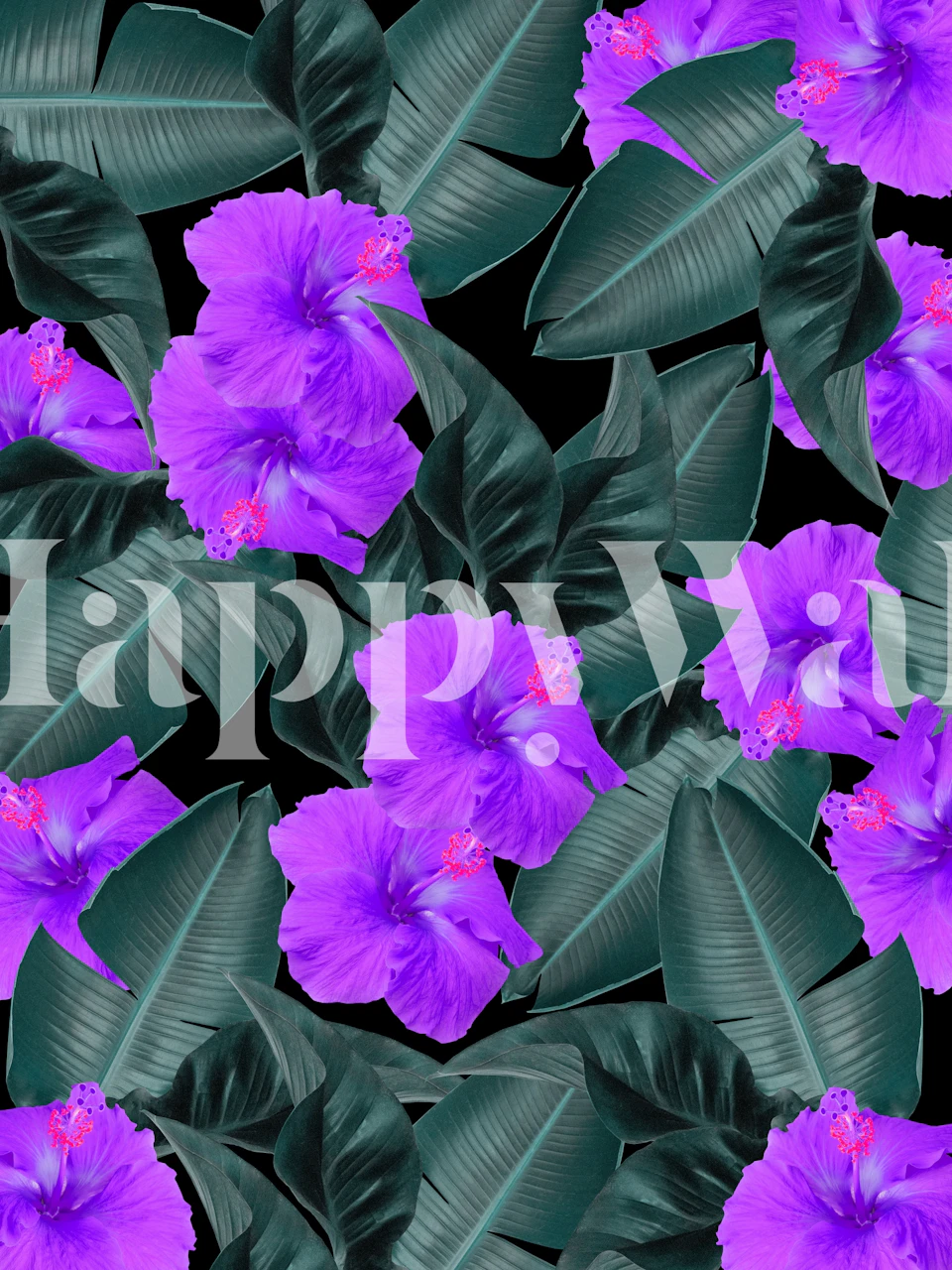 Weelderige groene junglebladeren met levendige paarse hibiscusbloemen muurschildering