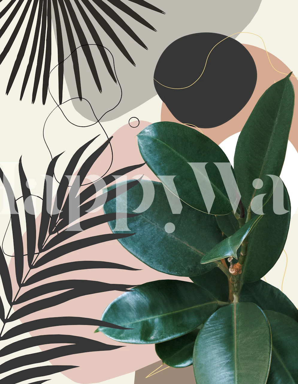 Ficus Elastica and fan palm leaf wall mural with pastel pink and neutral tones