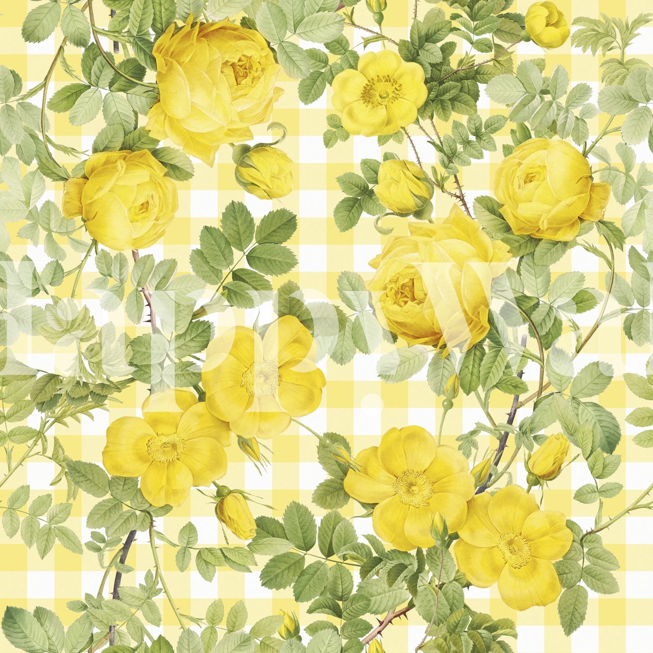 Vintage yellow roses floral pattern on checkered background wallpaper