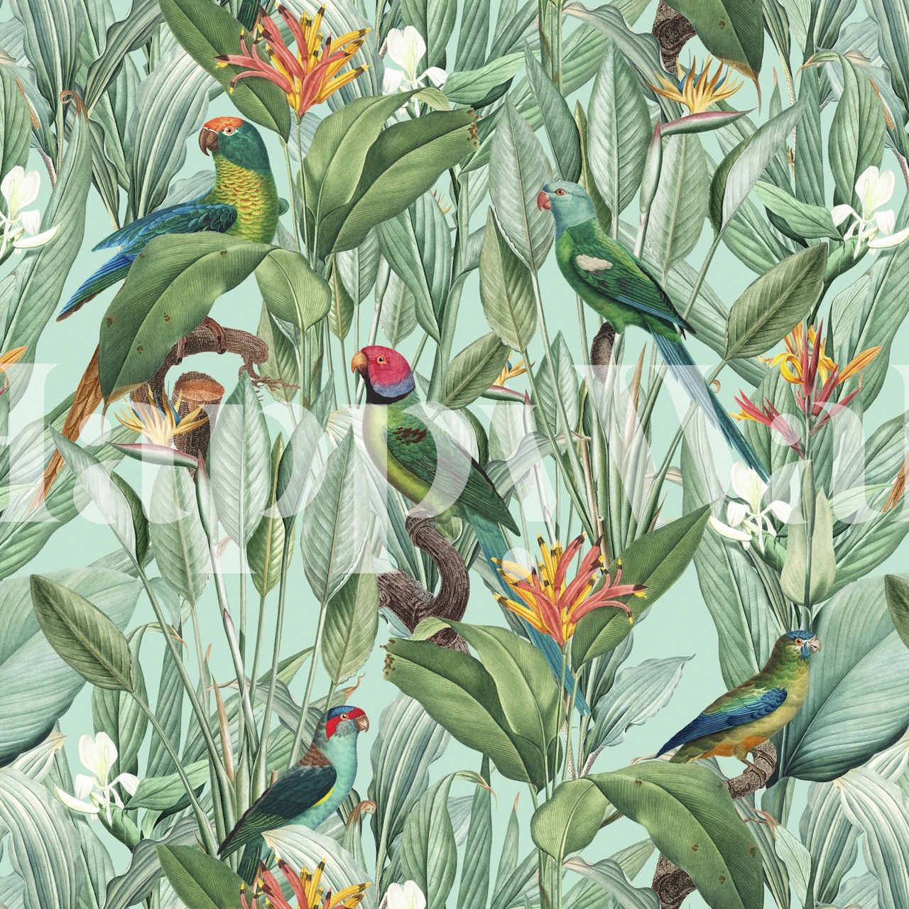 Tropisk junglevægmaleri med farverige papegøjer midt i grønt løv