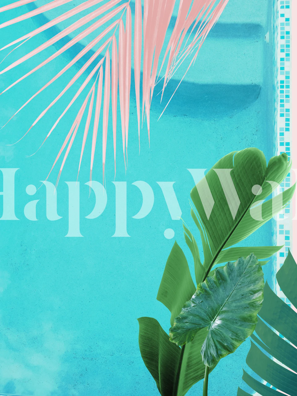 Mural de parede tropical caribenho à beira da piscina com folhas de palmeira e detalhes em rosa