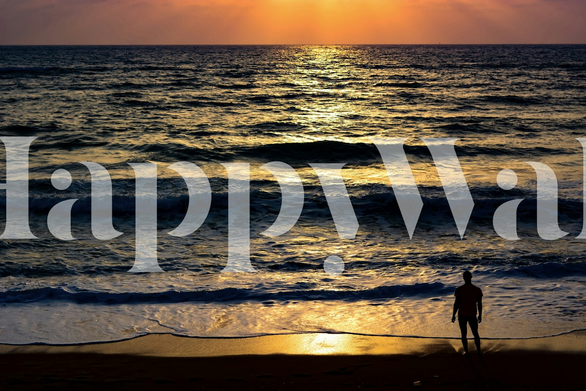 Silhouette of a person on the beach with sunset colors and ocean waves wallpaper
