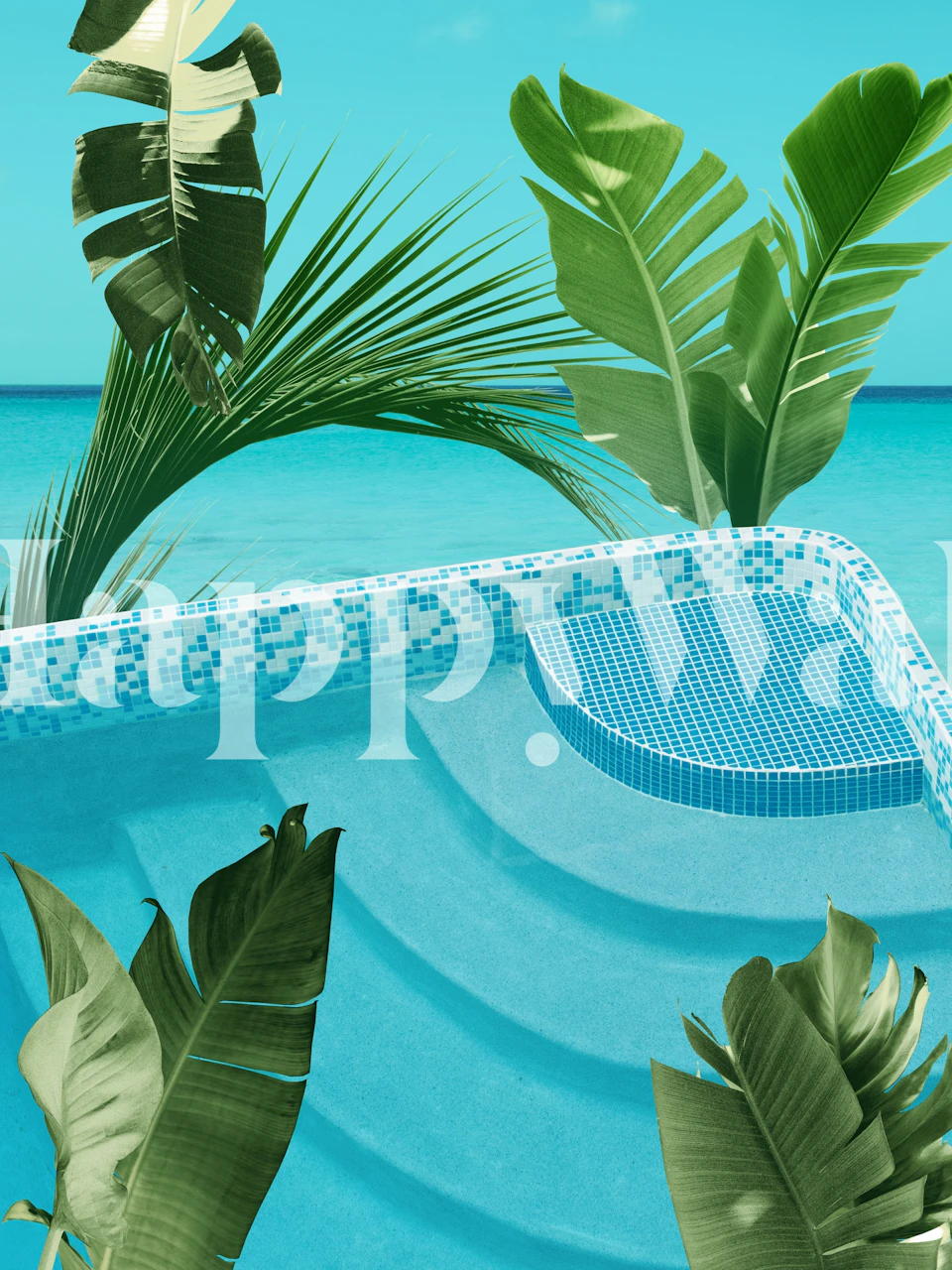 Tropical infinity pool with lush green leaves wall mural