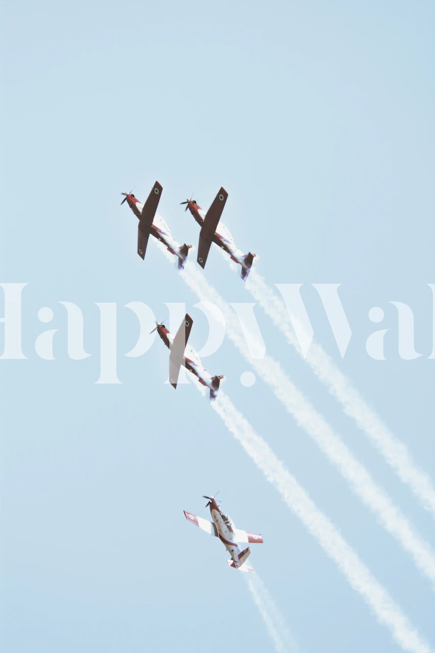 Vintage aircraft wall mural showcasing a formation of planes against a light blue sky with vapor trails.