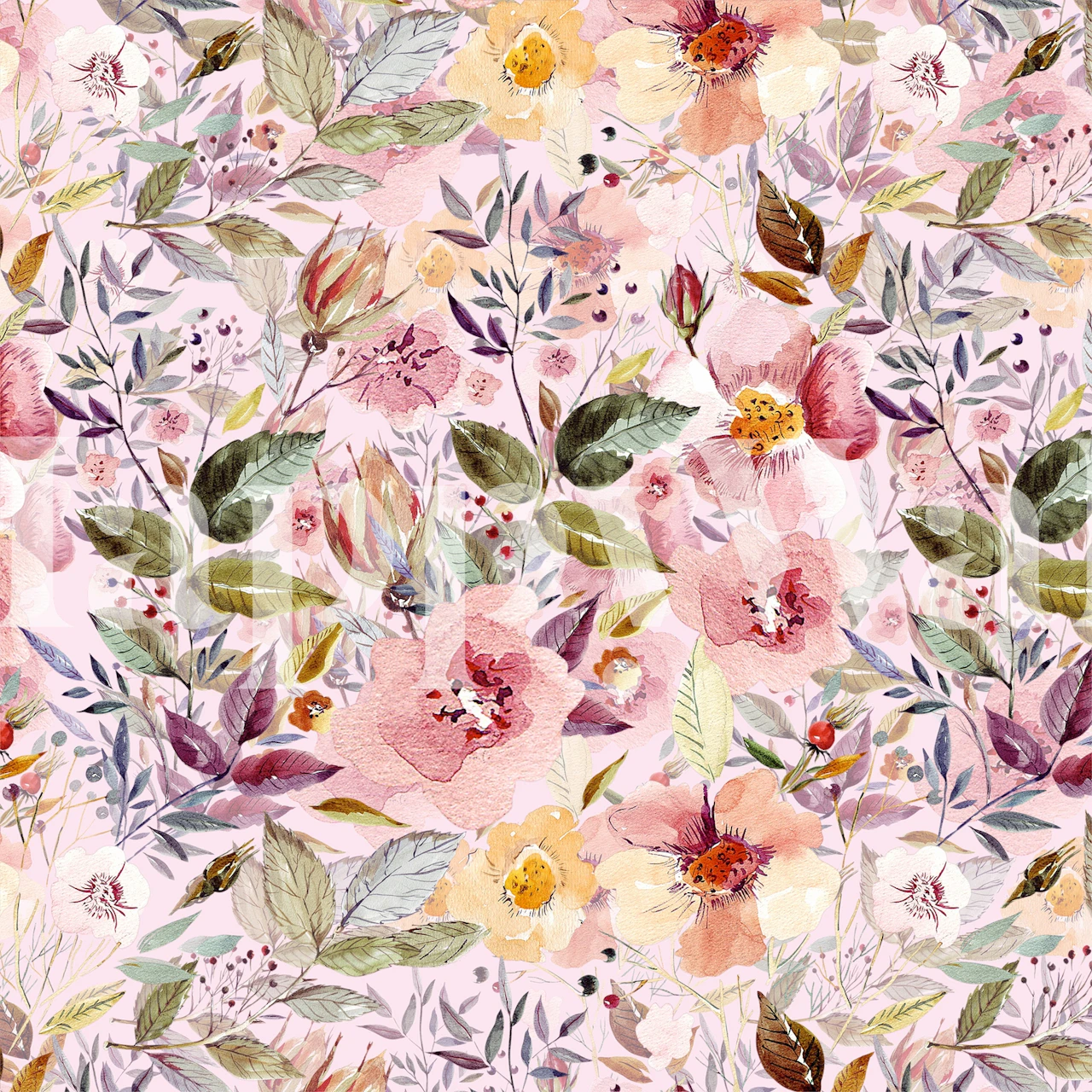 Pink floral wallpaper featuring large flowers and green leaves