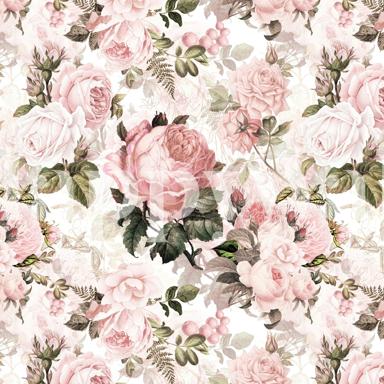 Vintage blush Victorian roses wallpaper featuring pink and green floral patterns
