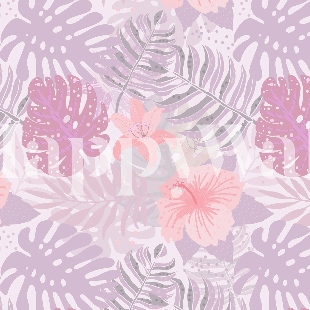 Ontwerp van behang met roze tropische bloemen en bladeren