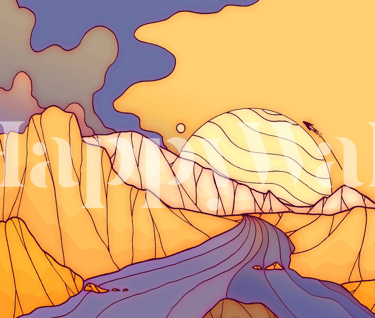 Stylizowana fototapeta z krajobrazem rzeki w ciepłych kolorach zachodu słońca