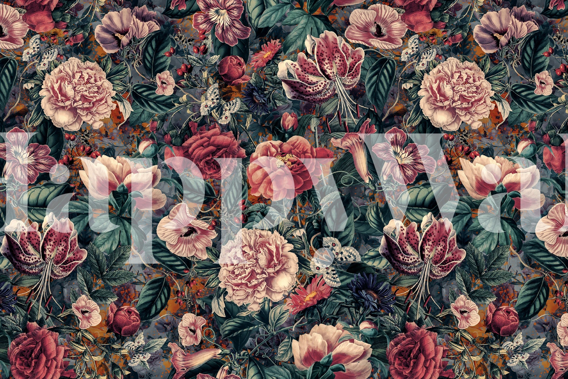 Dark floral vintage wallpaper with rich blooms and greenery