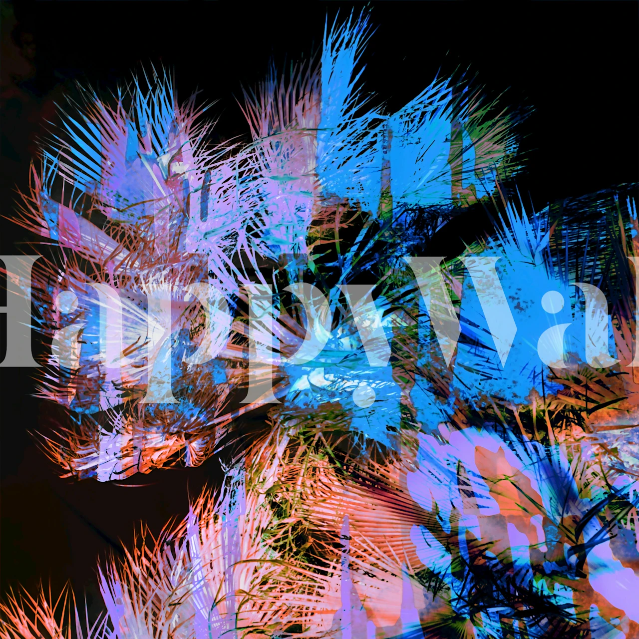 Tropical palm leaves in blue and pink on dark background wallpaper