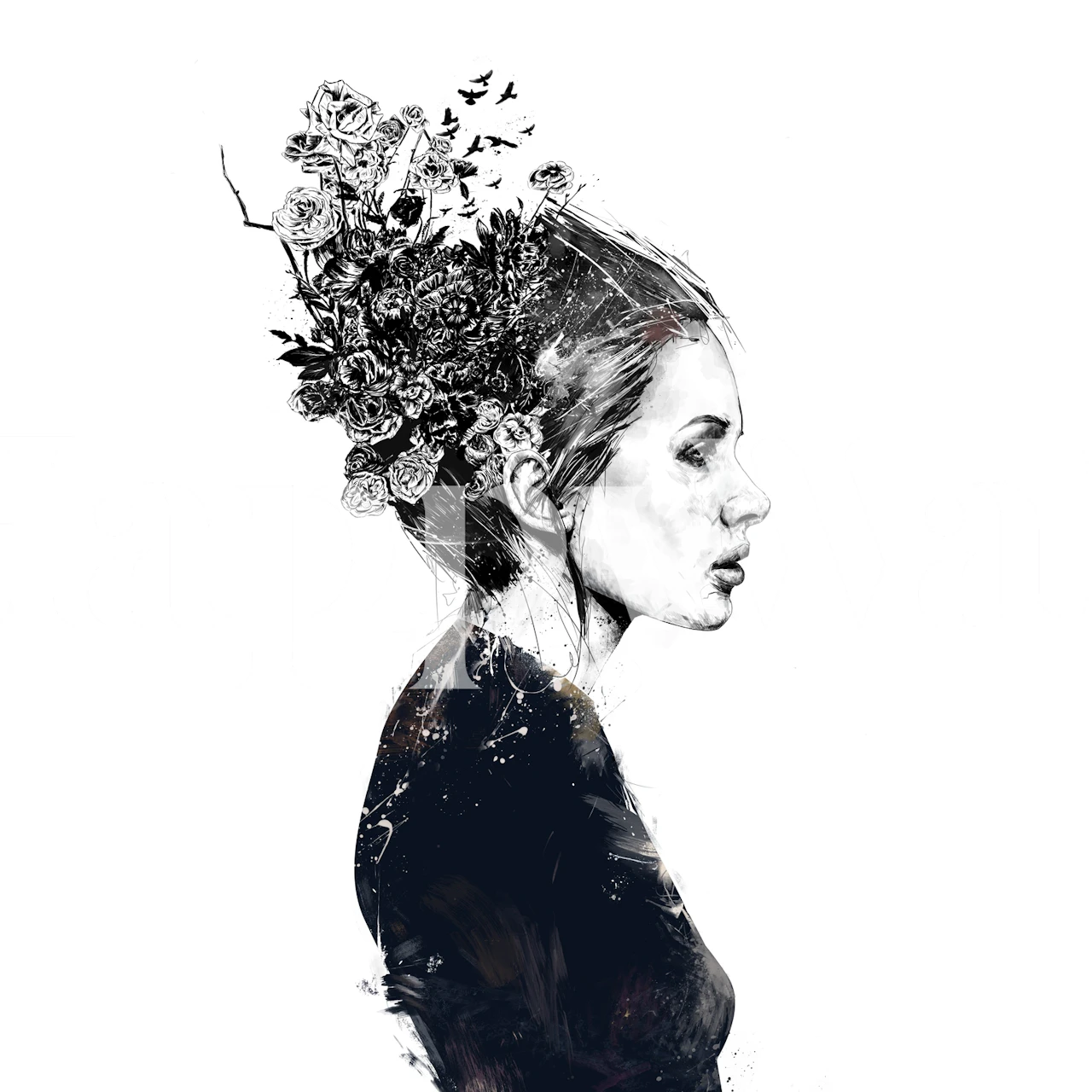 Black and white floral portrait wallpaper featuring a woman with roses