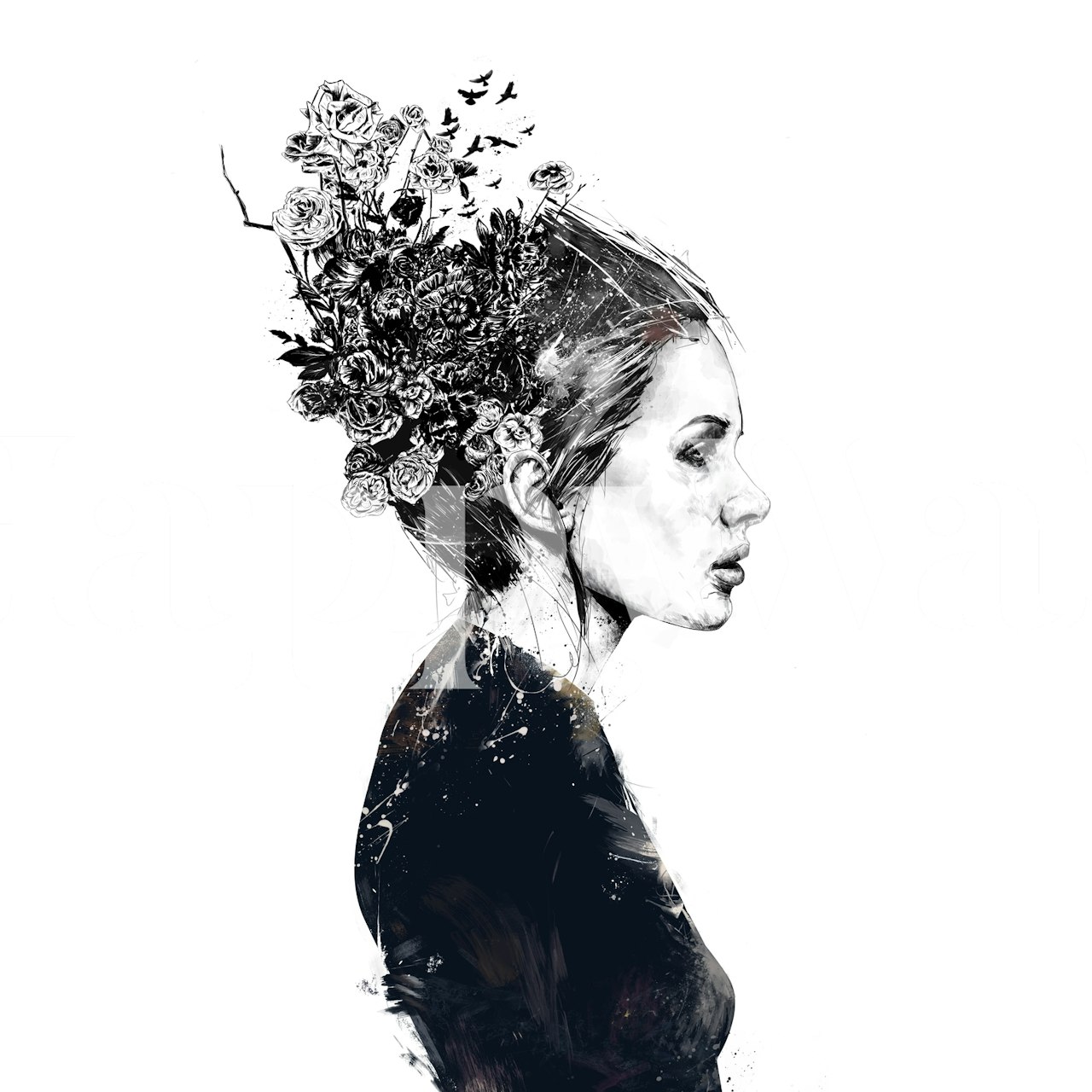 Black and white floral portrait wallpaper featuring a woman with roses