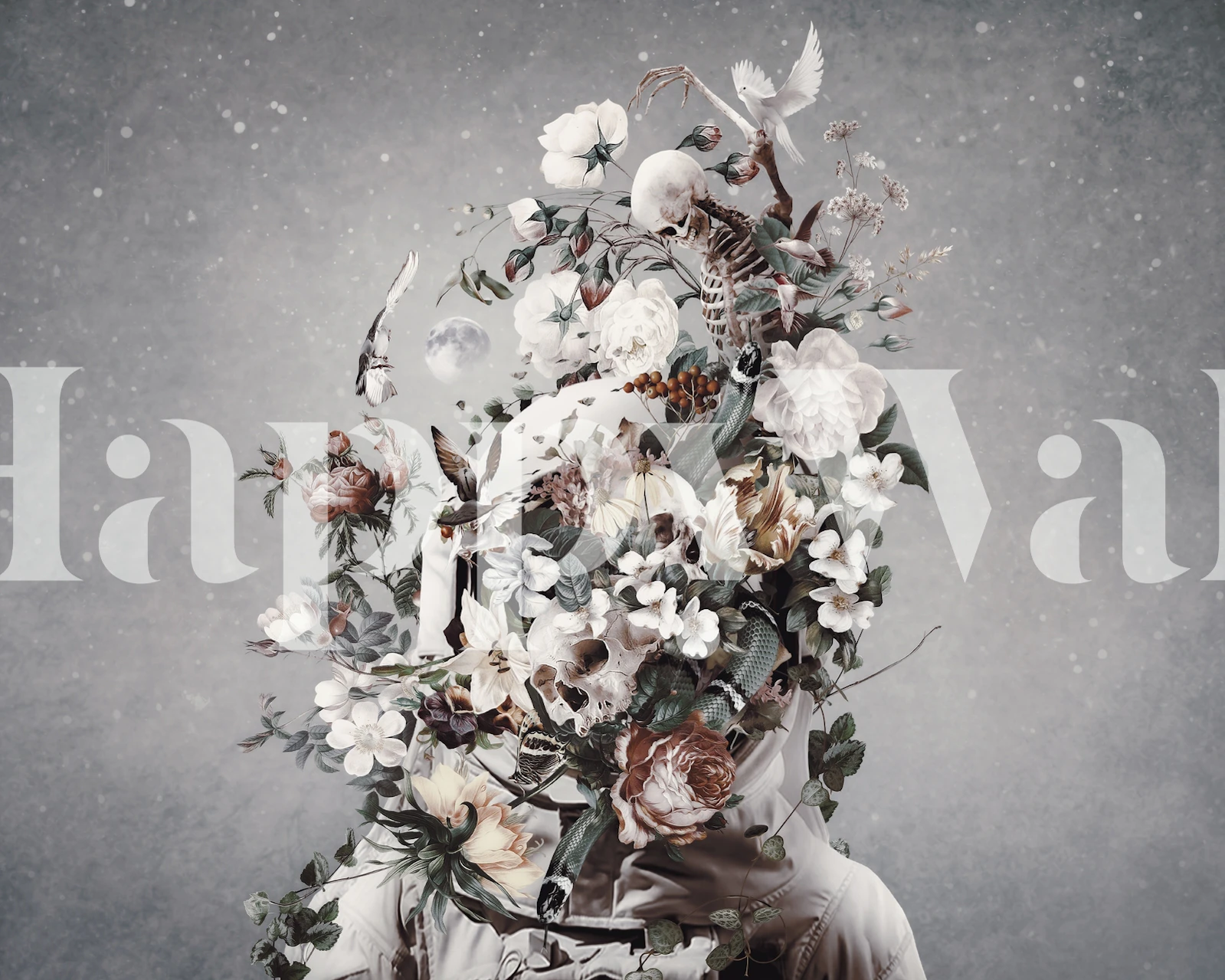 Carta da parati artistica raffigurante fiori che si fondono con uno sfondo cosmico e sognante.