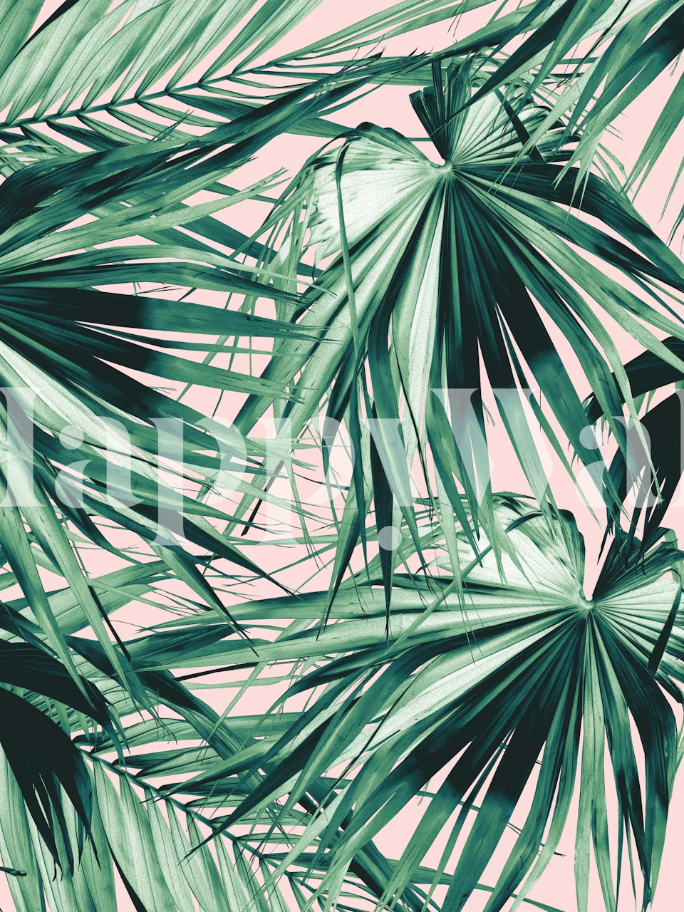 Fan Palm Jungle Dream Wandbild mit überlappenden Palmblättern in Grüntönen auf pastellfarbenem Hintergrund