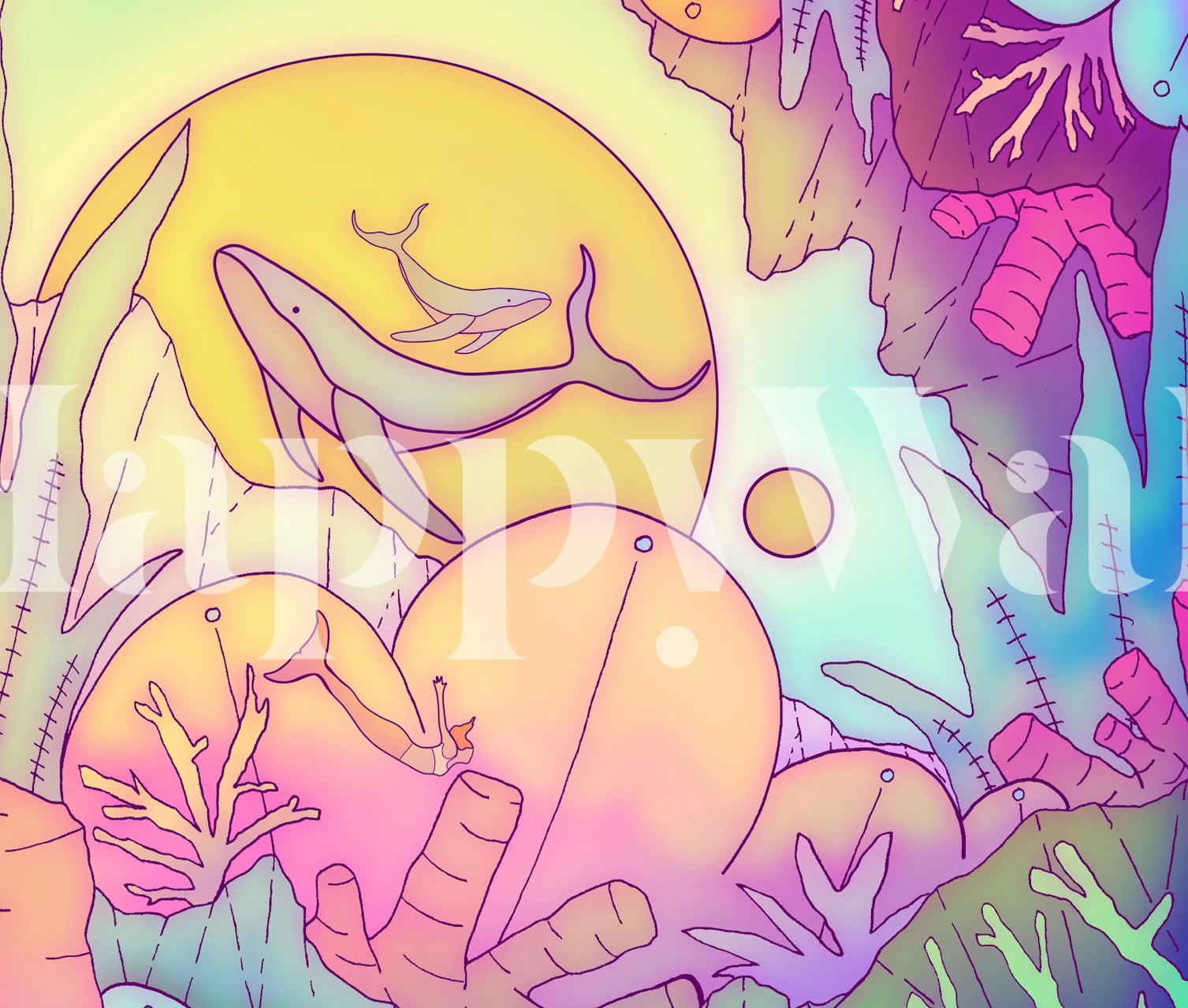 Underwater scene with coral, fish, and floating shapes in pastel colors wallpaper