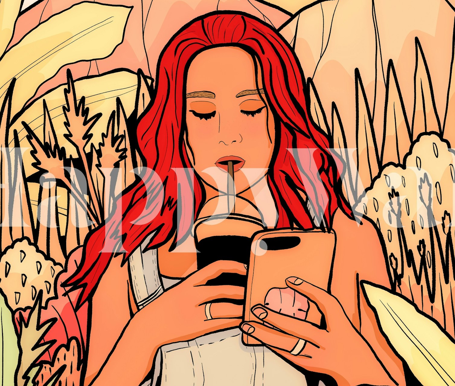 Illustration of a woman enjoying a summer drink surrounded by plants