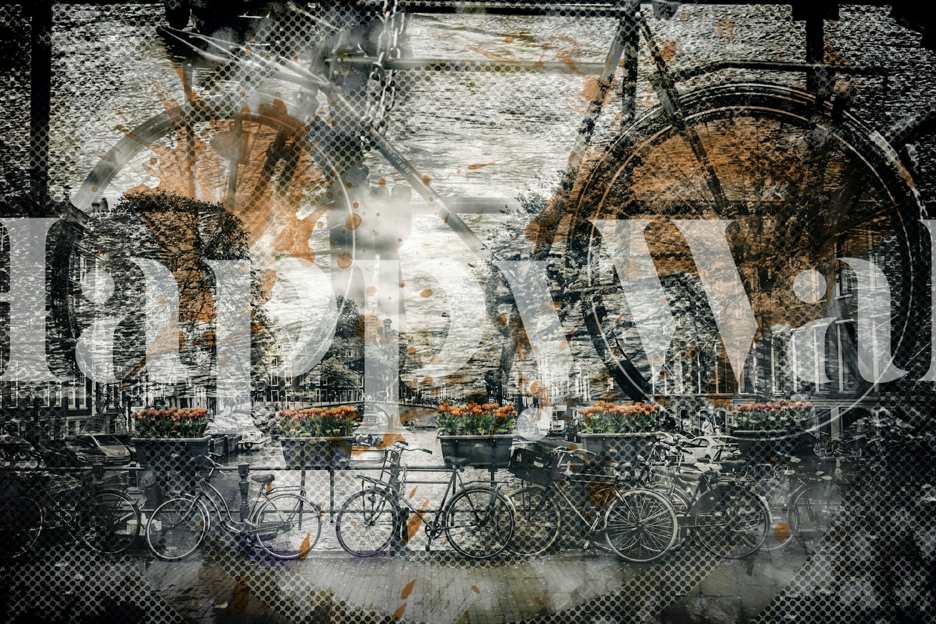Artistic wall mural of bicycles with a street art style overlay representing Amsterdam's urban culture