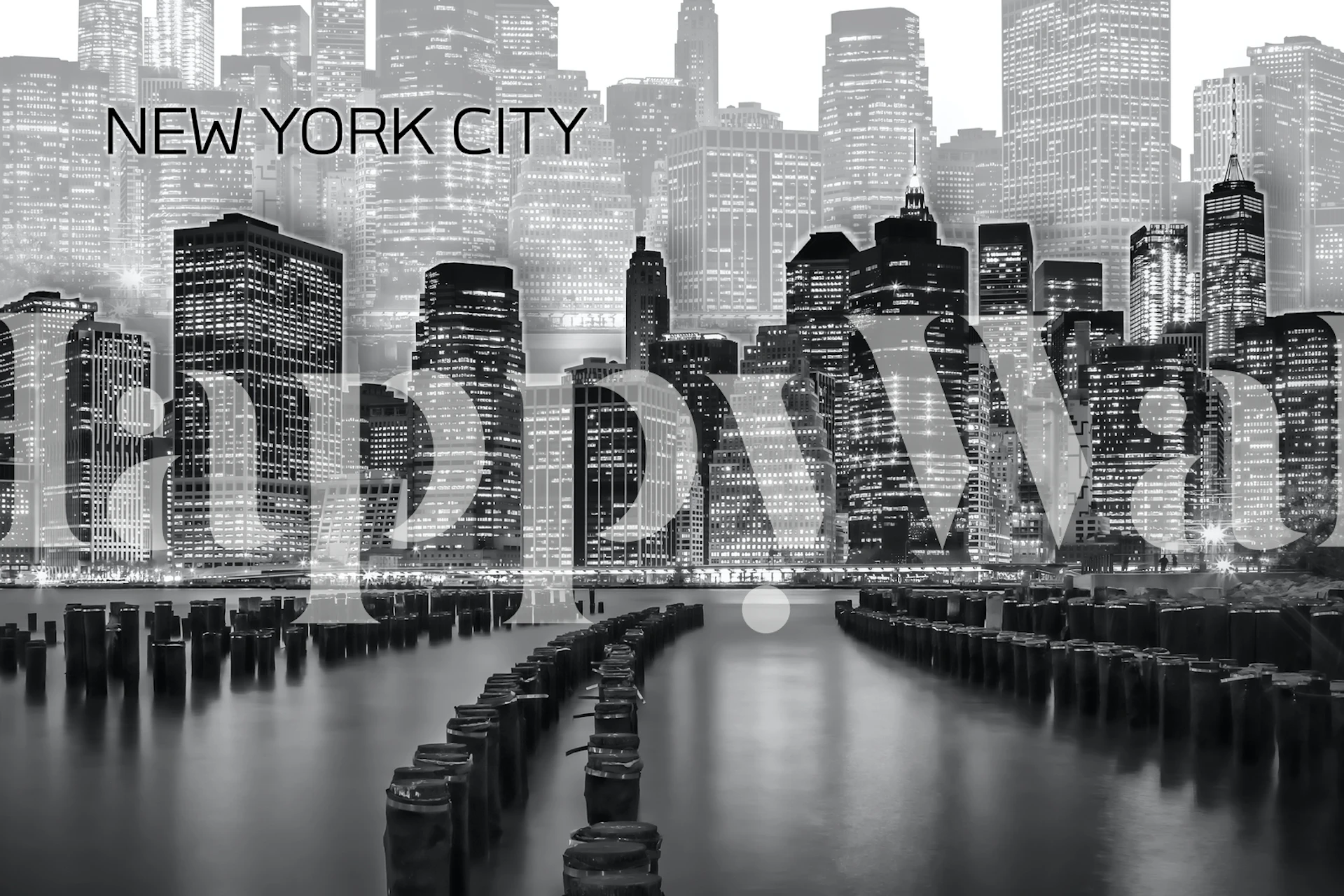 Black and white Manhattan skyline mural with pier and city lights wallpaper