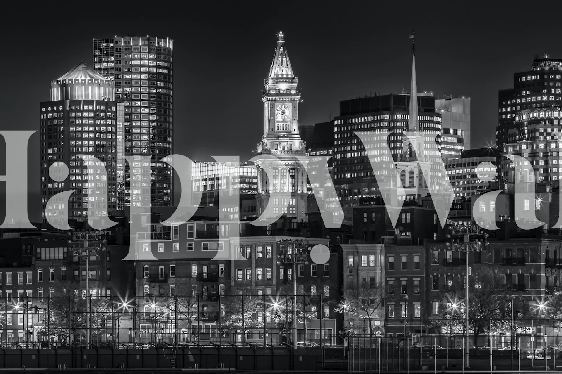 Black and white skyline featuring Boston city buildings and lights wallpaper