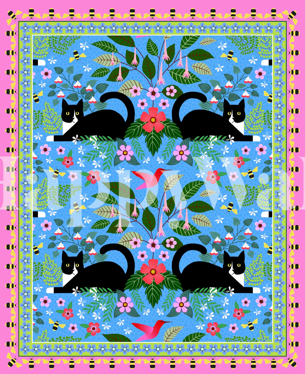 Black cats and colorful flowers on a vibrant blue background wallpaper