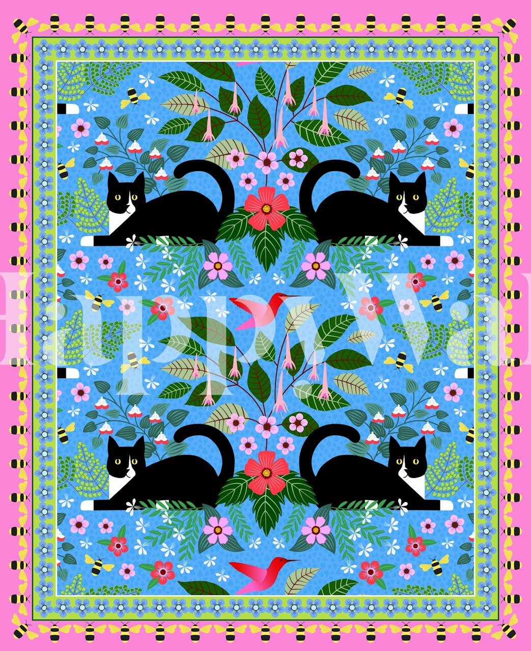 Black cats and colorful flowers on a vibrant blue background wallpaper