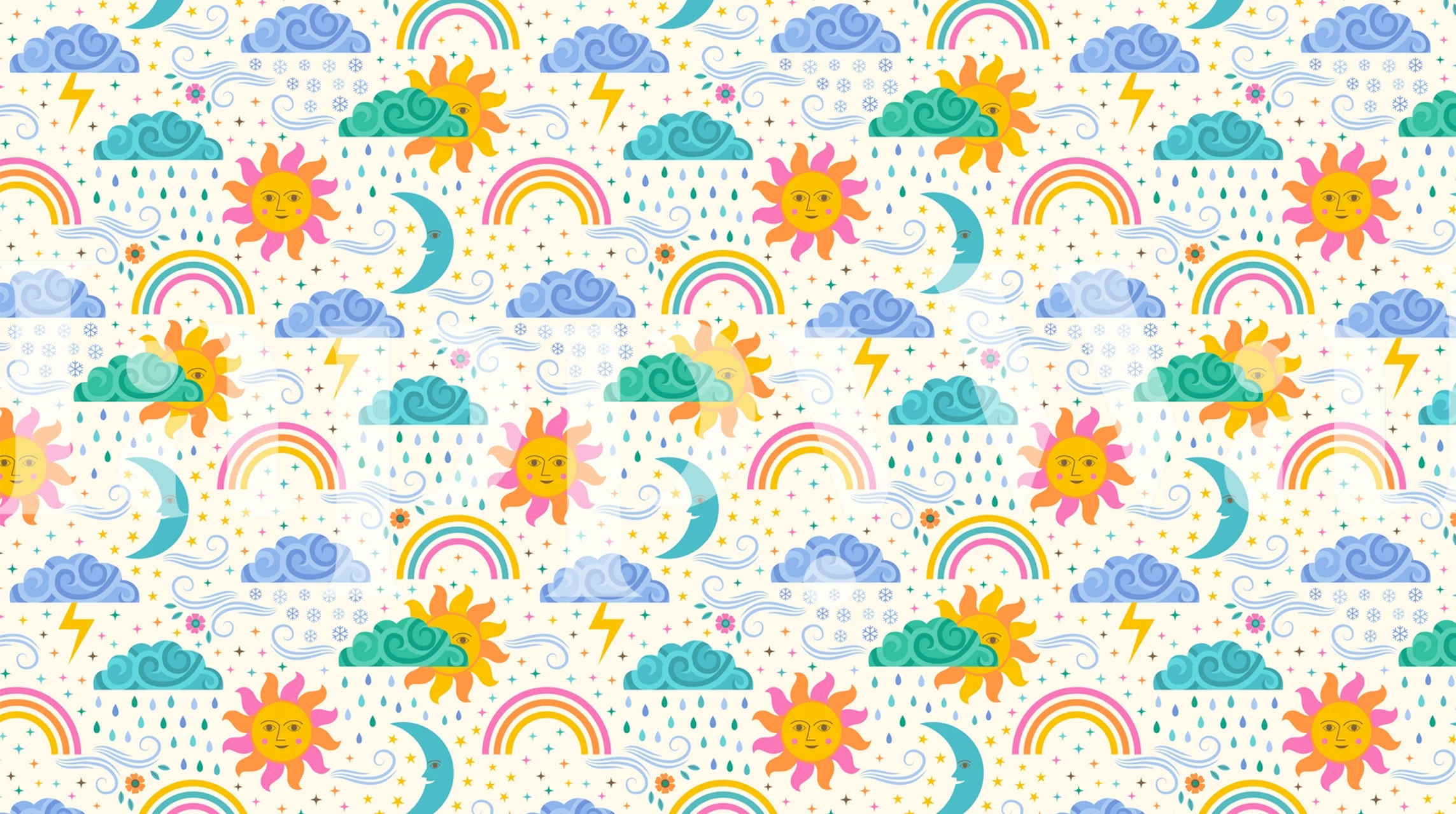 Ein fröhliches Wandbild mit Sonnen, Monden und Regenbögen auf gepunktetem Hintergrund.