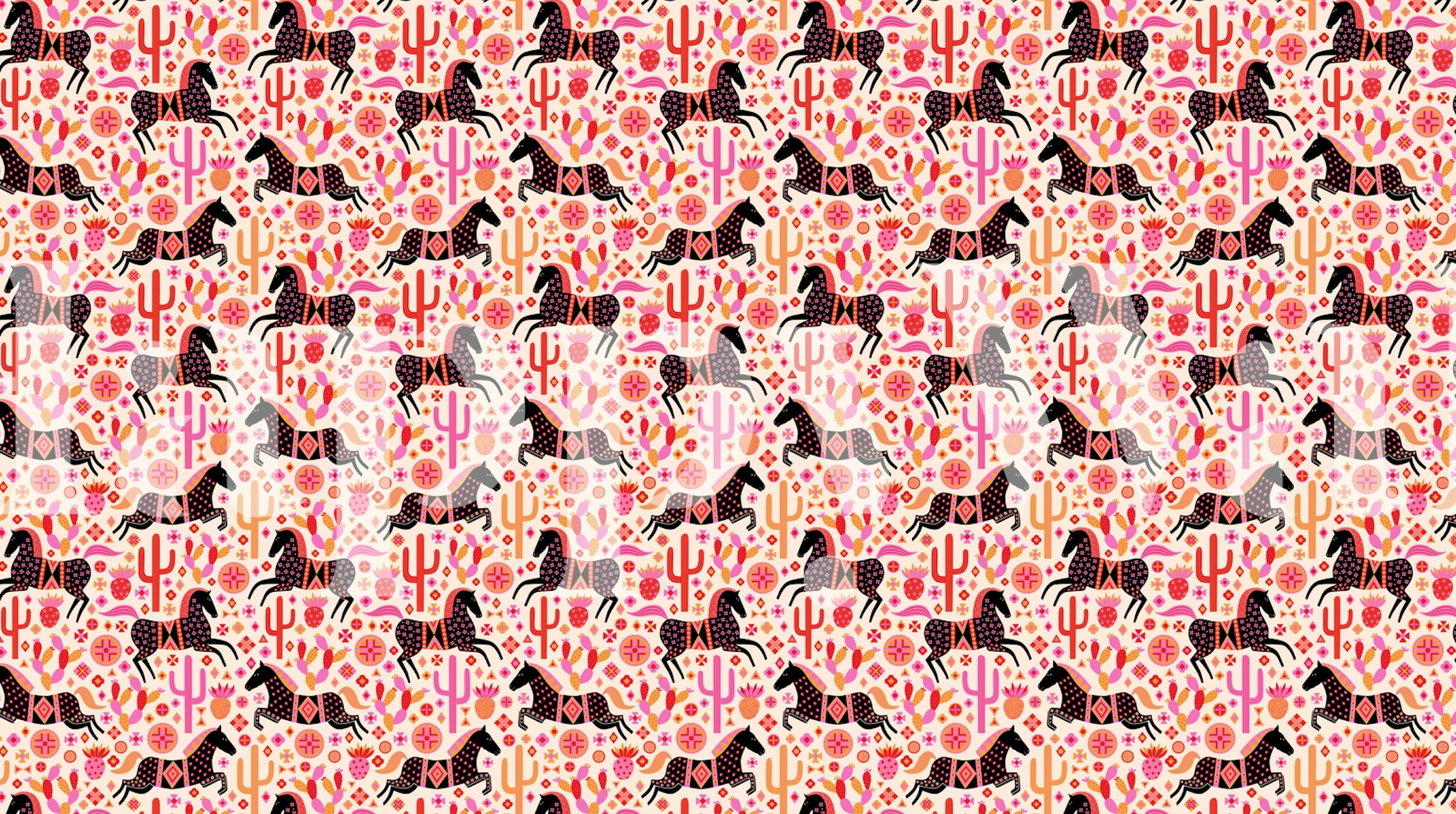 Vægmaleri med gentaget mønster af heste på western-inspireret baggrund
