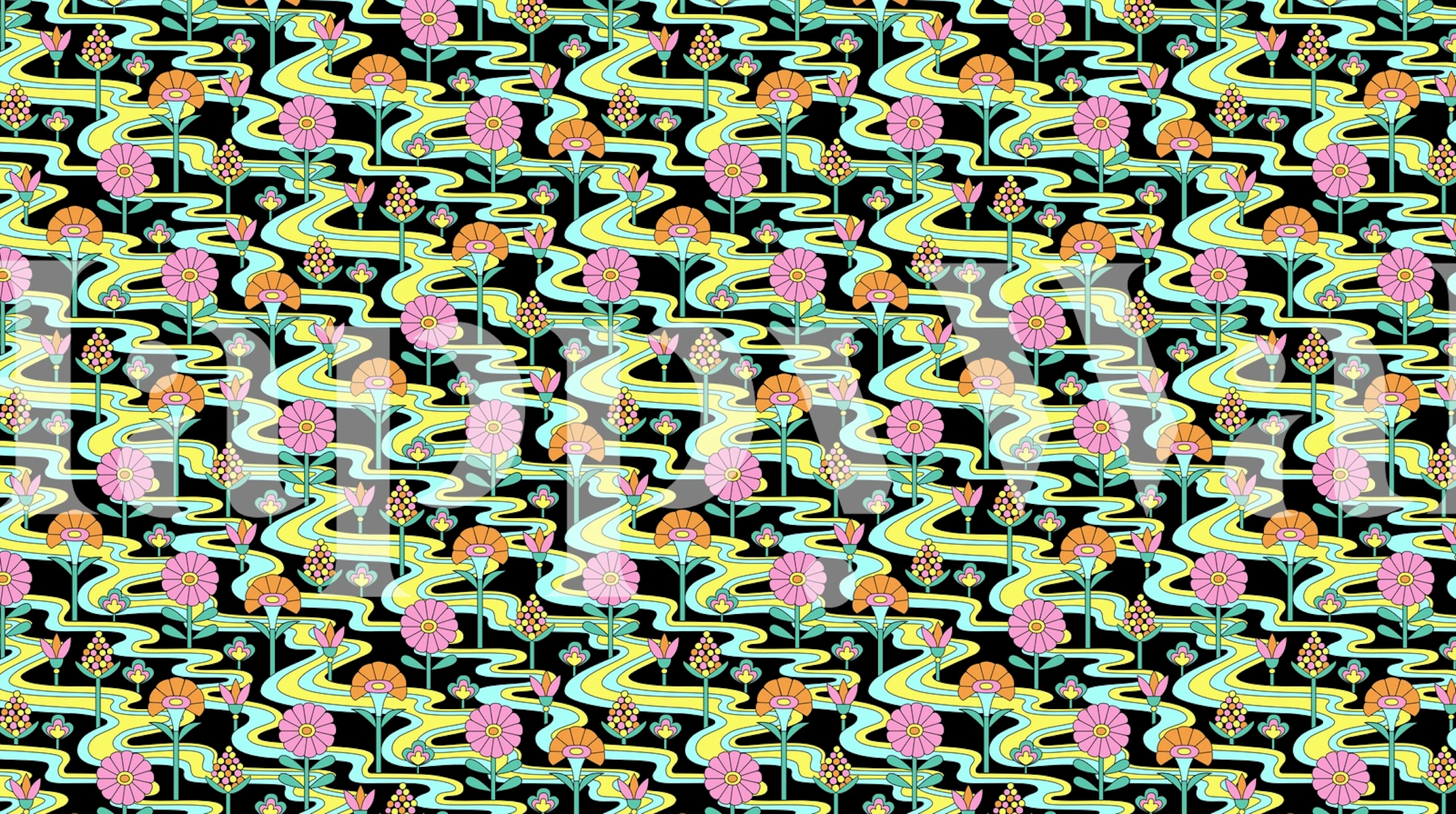 1970s style black wall mural with geometric patterns in peach and mint green