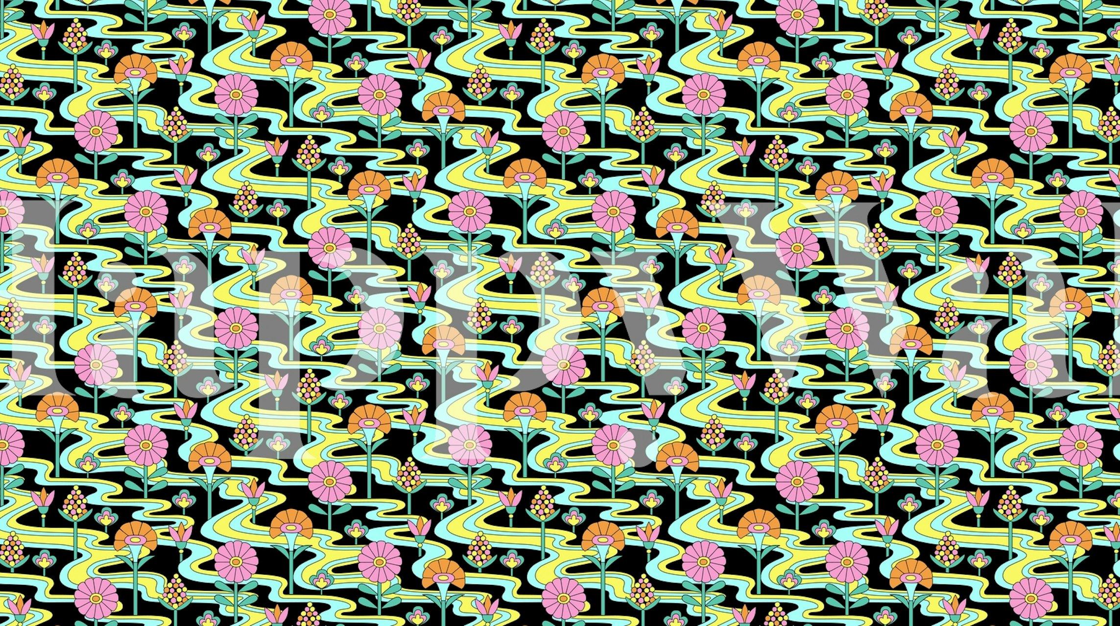 1970s style black wall mural with geometric patterns in peach and mint green