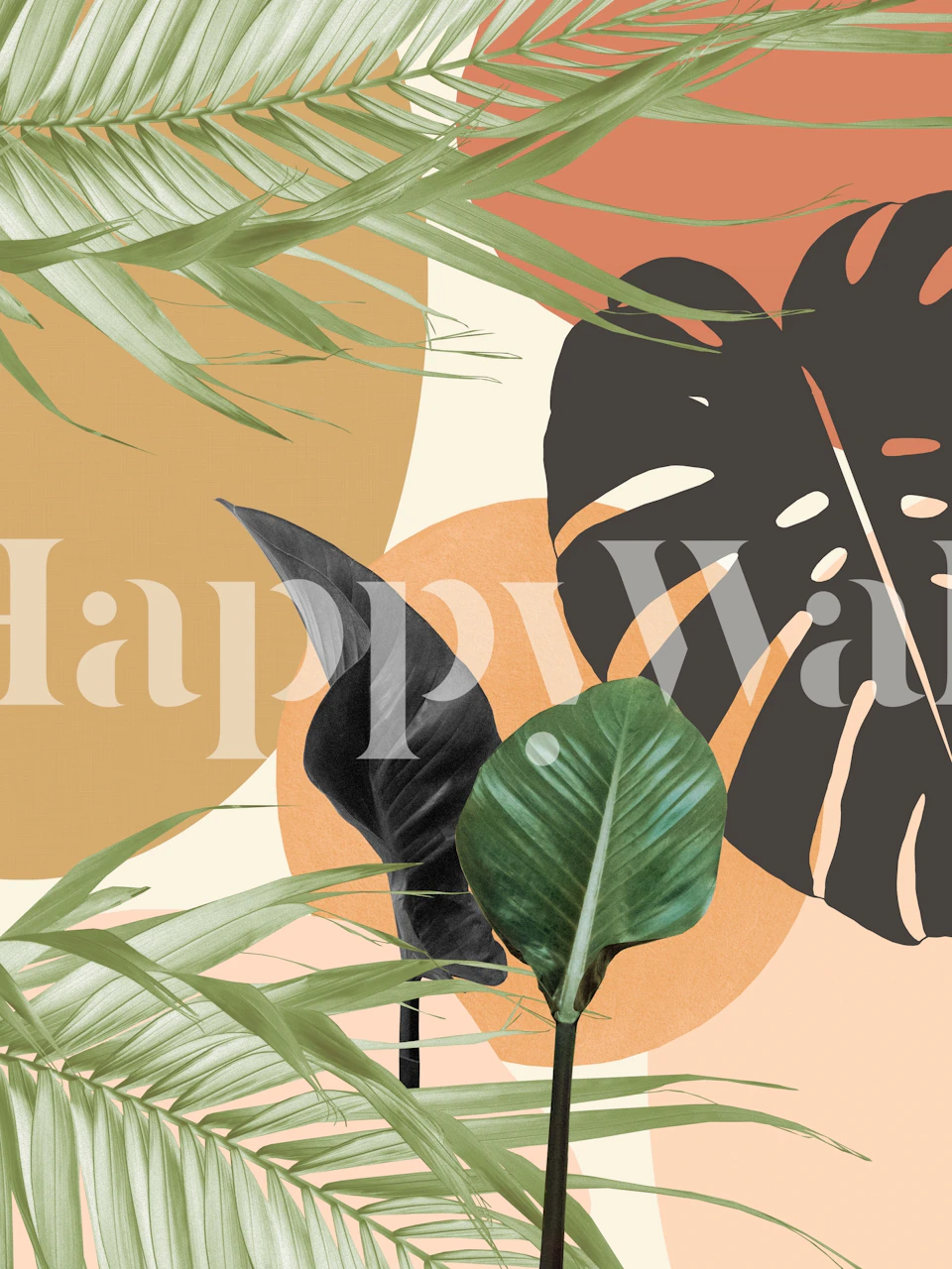 Tropical Leaves Wall Mural with green foliage and earth tones